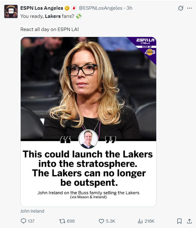 湖人卖100亿登全美热搜:巴斯保留15%股权 球馆都没有纯品牌售价